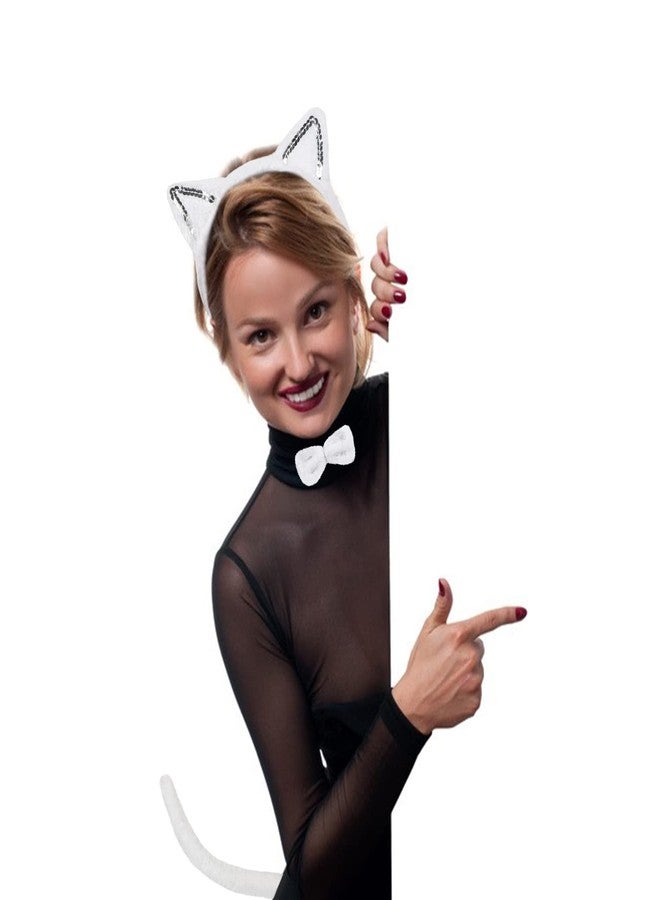 EVERMARKET 3 Pieces White Cat Costume Set Cat Glitter Ears Headband Tail and Bow Tie Animal Fancy Dress Cat Costume Kit Party Accessories for Halloween,Birthday,Christmas,Cosplay Dress Up Party Decorations - Image 5