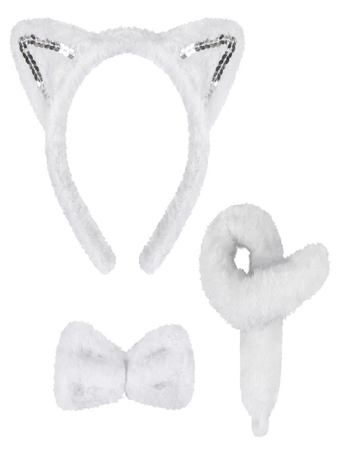 EVERMARKET 3 Pieces White Cat Costume Set Cat Glitter Ears Headband Tail and Bow Tie Animal Fancy Dress Cat Costume Kit Party Accessories for Halloween,Birthday,Christmas,Cosplay Dress Up Party Decorations - Image 1