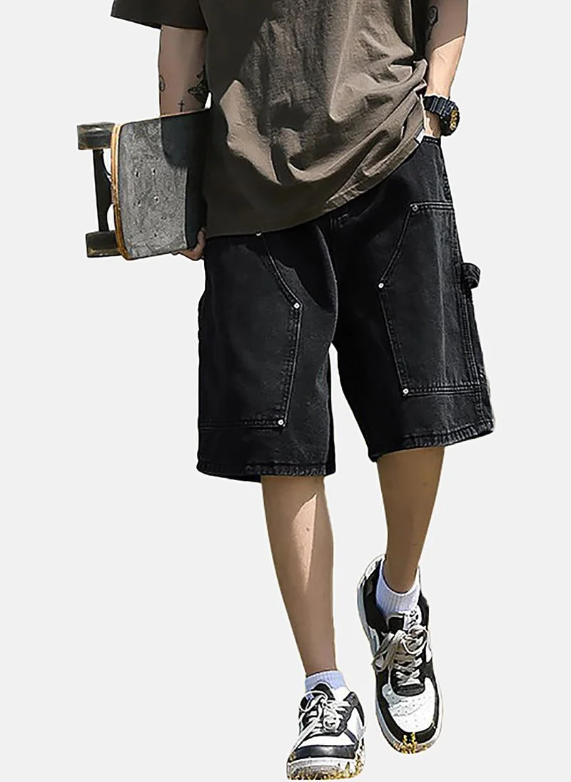 يونيكي Black Mid Rise Soild Relaxed Fit Shorts