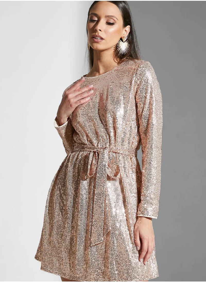 Chi-Chi London Belted Sequin Dress