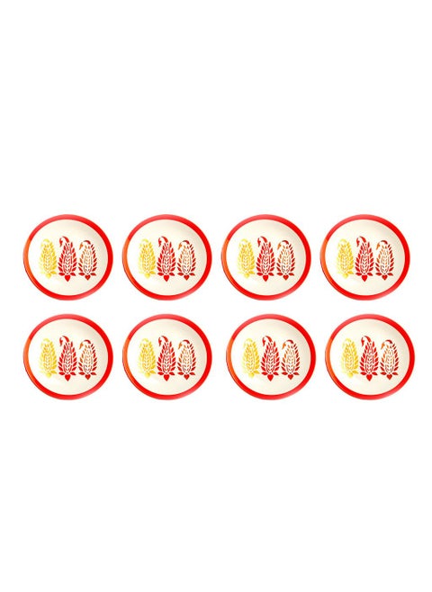 Caffeine Ceramic Handmade Red Boota Quarter Plates 7 Inch Set of 8