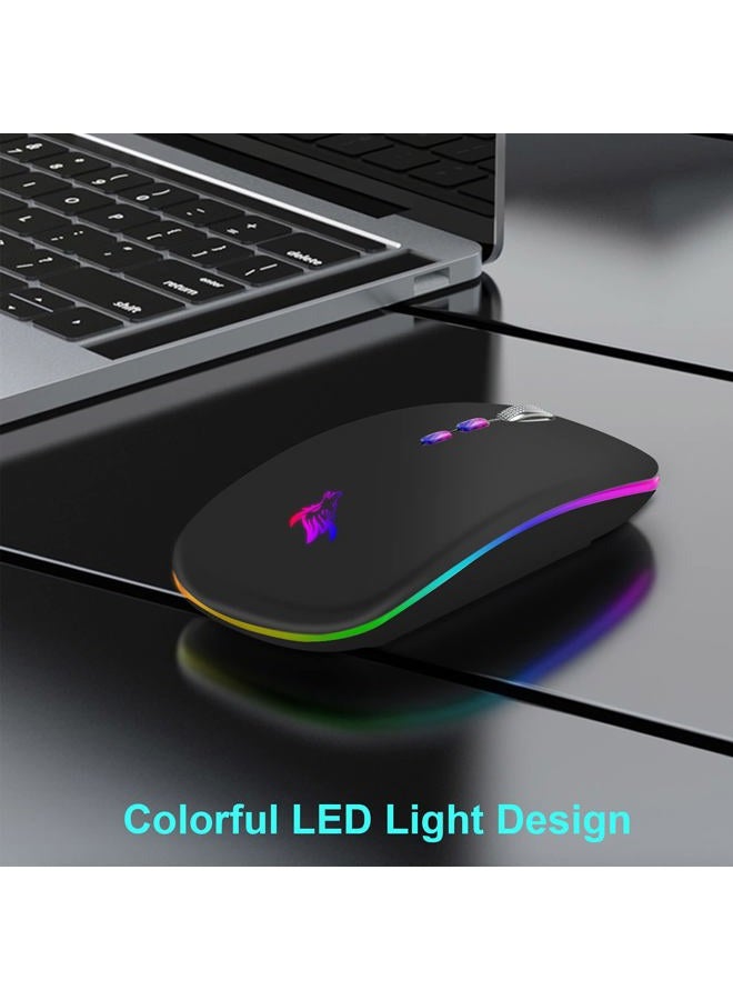 HotLife LED Wireless Mouse, Slim Rechargeable Silent Portable USB Optical 2.4G Wireless Bluetooth Two Mode Computer Mice with USB Receiver and Type C Adapter (Black) - Image 2