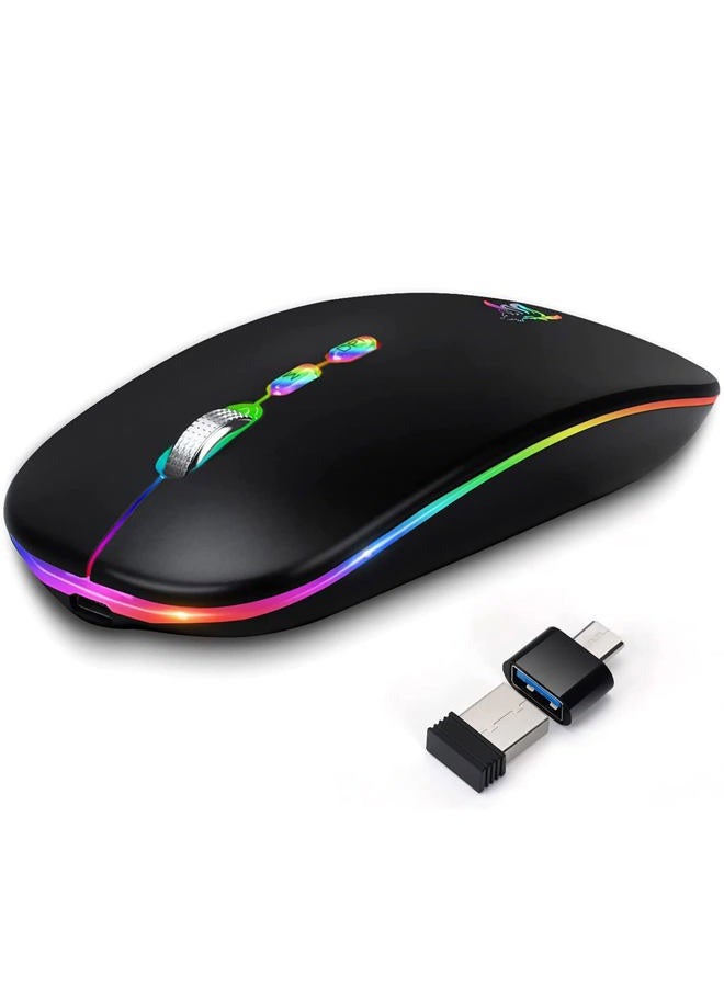 HotLife LED Wireless Mouse, Slim Rechargeable Silent Portable USB Optical 2.4G Wireless Bluetooth Two Mode Computer Mice with USB Receiver and Type C Adapter (Black) - Image 1
