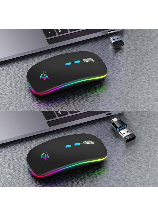 HotLife LED Wireless Mouse, Slim Rechargeable Silent Portable USB Optical 2.4G Wireless Bluetooth Two Mode Computer Mice with USB Receiver and Type C Adapter (Black) - Image 5