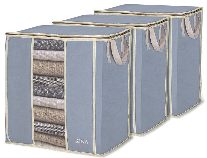 KIKA Non Woven Homs Large Clothes,Toys,Pillow&Blanket Storage Bag,Foldable Storage Organizer|Closet,Almirah,Under-Bed And Wardrobe Organizer For Home Storage 60Lx3= 180 L,3 Pcs Pack(Grey),Large Size - Image 1