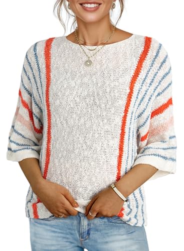 Dokotoo Womens Sweaters Casual Fall Winter 2025 Crewneck Color Block Striped 3/4 Sleeve Loose Lightweight Crochet Knit Trendy Pullover Sweaters for Women Tops Shirts White XX-Large - Image 1