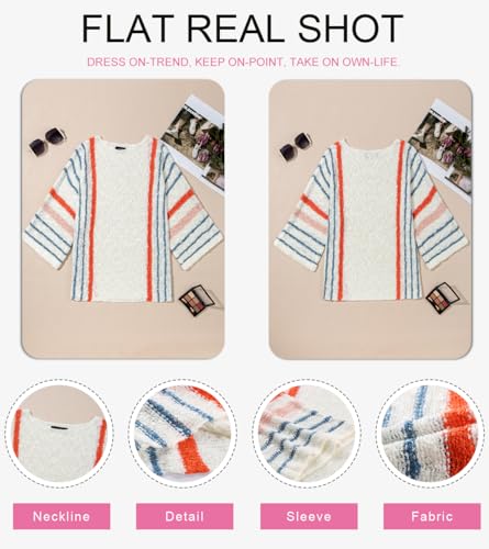 Dokotoo Womens Sweaters Casual Fall Winter 2025 Crewneck Color Block Striped 3/4 Sleeve Loose Lightweight Crochet Knit Trendy Pullover Sweaters for Women Tops Shirts White XX-Large - Image 5