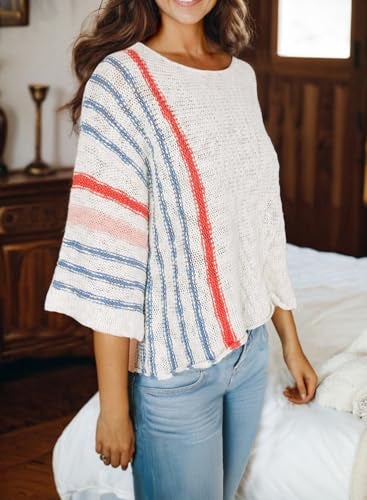 Dokotoo Womens Sweaters Casual Fall Winter 2025 Crewneck Color Block Striped 3/4 Sleeve Loose Lightweight Crochet Knit Trendy Pullover Sweaters for Women Tops Shirts White XX-Large - Image 3