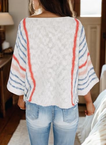 Dokotoo Womens Sweaters Casual Fall Winter 2025 Crewneck Color Block Striped 3/4 Sleeve Loose Lightweight Crochet Knit Trendy Pullover Sweaters for Women Tops Shirts White XX-Large - Image 2