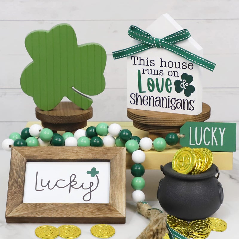 DAZONGE St. Patrick's Day Decorations, Lucky, Shamrock, Pot of Gold, Bead Garland, House Shape St. Patrick's Day Wooden Signs for Table Shelf Decor - Image 1