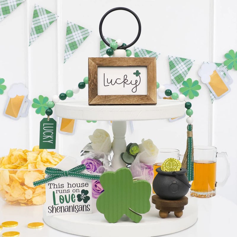 DAZONGE St. Patrick's Day Decorations, Lucky, Shamrock, Pot of Gold, Bead Garland, House Shape St. Patrick's Day Wooden Signs for Table Shelf Decor - Image 2
