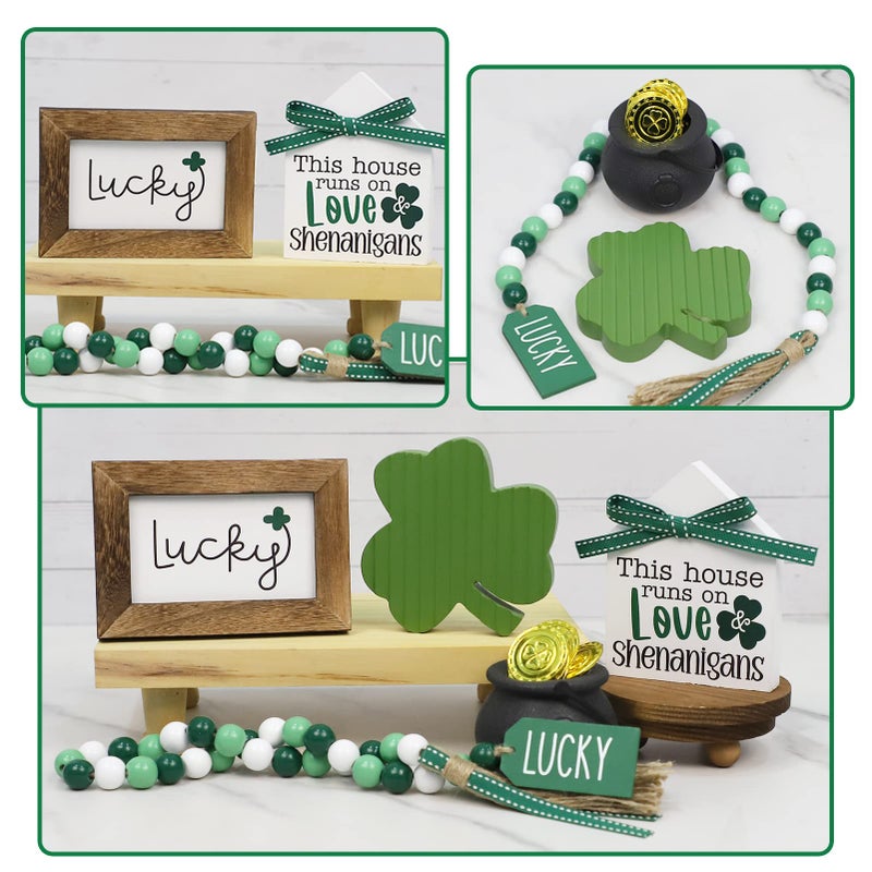 DAZONGE St. Patrick's Day Decorations, Lucky, Shamrock, Pot of Gold, Bead Garland, House Shape St. Patrick's Day Wooden Signs for Table Shelf Decor - Image 3