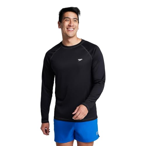 Speedo Men's UV Shirt Long Sleeve Loose Fit Easy Tee athletic technical swimsuits, Speedo Black, X-Large US - Image 1