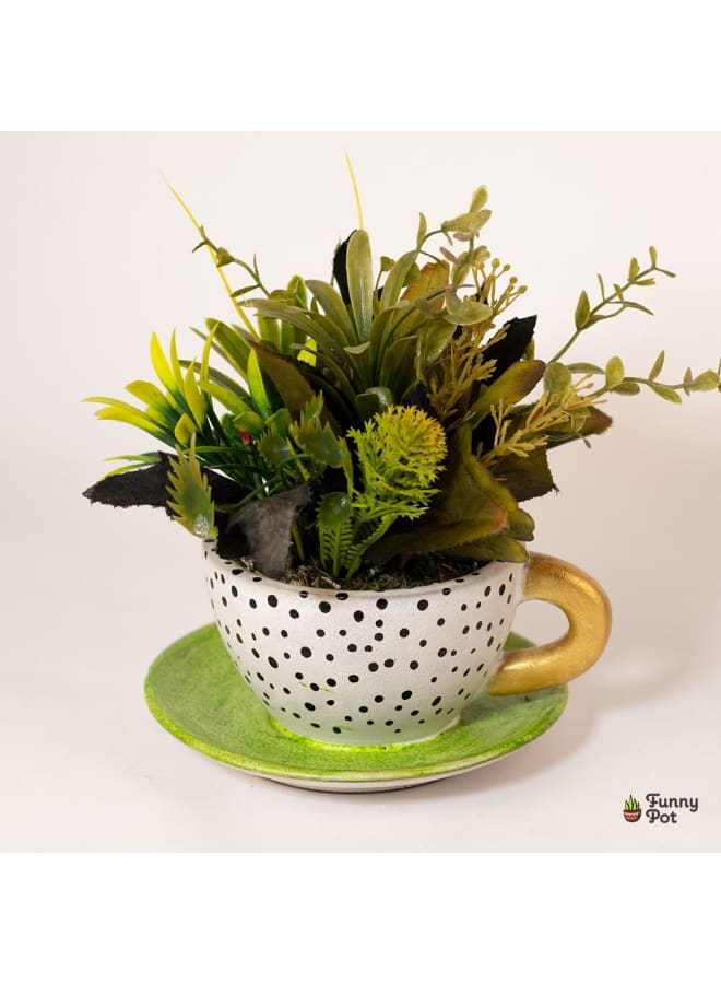 Handnade artificial plant pot - green & white - 18*10 cm