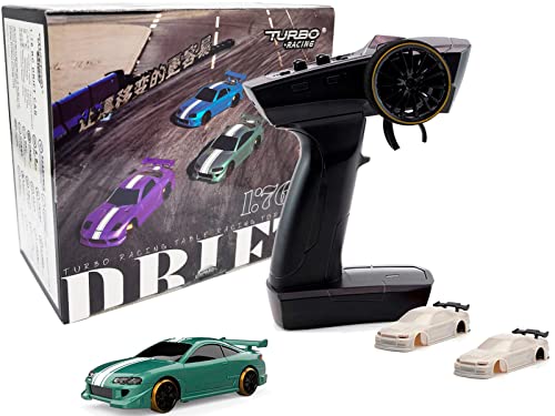 FLYCOLOR Turbo Racing C62 1:76 Scale Drift RC Car with Gyro Mini Full Proportional RTR 2.4GHZ Remote Control with 2 Replaceable Body Shell(Grayish Green) - Image 1