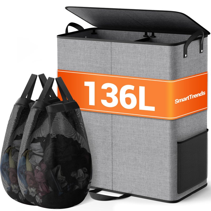 SmartTrends Large Double Laundry Hamper with Lid, Removable Bags & Reinforced Handles, 2 Section Tall Laundry Basket, Dirty Clothes Hampers for Laundry Room, Bedroom, Bathroom, Dorm, 136L, Gray - Image 1