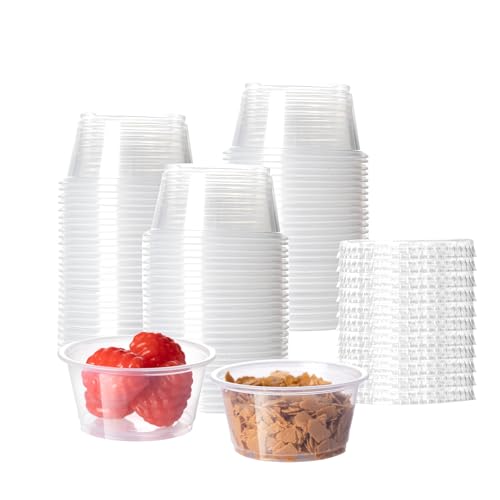 HOMIP 200Pack 2oz Disposable Plastic Portion Cups with Lids, Small Mini Sauce Cups for Portion Control, Salad Dressing Cups, Airtight and Stackable Condiment Cups for Party, Holiday and Daily Use - Image 1