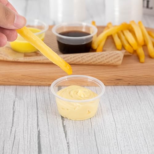 HOMIP 200Pack 2oz Disposable Plastic Portion Cups with Lids, Small Mini Sauce Cups for Portion Control, Salad Dressing Cups, Airtight and Stackable Condiment Cups for Party, Holiday and Daily Use - Image 4