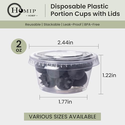 HOMIP 200Pack 2oz Disposable Plastic Portion Cups with Lids, Small Mini Sauce Cups for Portion Control, Salad Dressing Cups, Airtight and Stackable Condiment Cups for Party, Holiday and Daily Use - Image 2