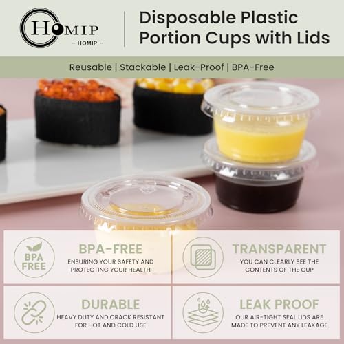 HOMIP 200Pack 2oz Disposable Plastic Portion Cups with Lids, Small Mini Sauce Cups for Portion Control, Salad Dressing Cups, Airtight and Stackable Condiment Cups for Party, Holiday and Daily Use - Image 3