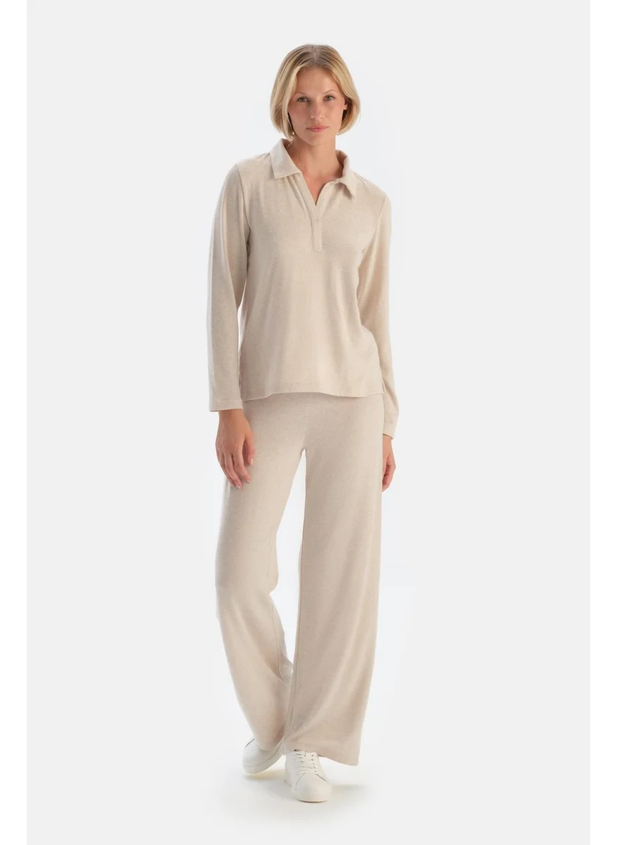 dagi Ecru High Waist Wide Leg Basic Trousers