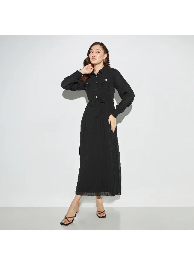 2Xtremz 2Xtremz Pleated Midi A-line Dress with Collar and Belt Tie-Ups