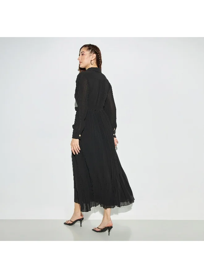 2Xtremz 2Xtremz Pleated Midi A-line Dress with Collar and Belt Tie-Ups