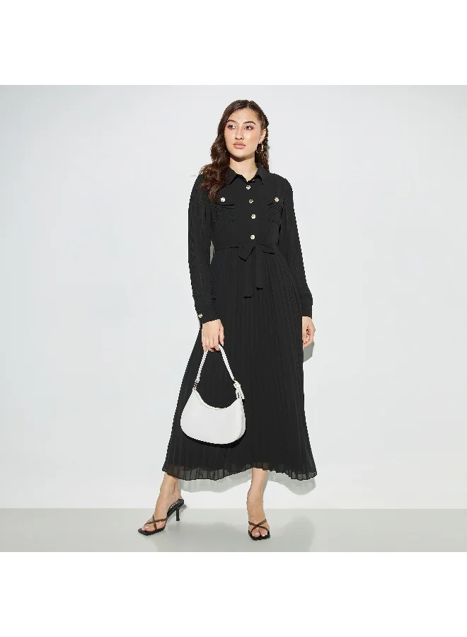 2Xtremz 2Xtremz Pleated Midi A-line Dress with Collar and Belt Tie-Ups
