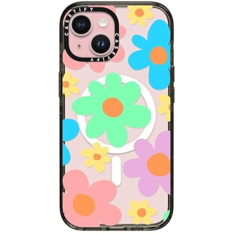 كاستيفي كاسيتي جراب امباكت لموبايل ايفون 15 【8 قدم 4X حماية من السقوط من الدرجة العسكرية/متوافق مع ماج سيف】 - زهور شفافة - اسود شفاف - Image 1