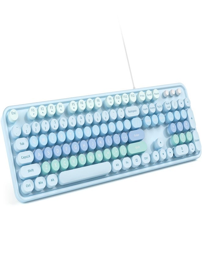 MOWUX Large Print Keyboard Wired, Full Size Wired Retro Round Keyboard with Foldable Stands, Plug and Play for Laptop and Office PC- Blue Gradient - Image 1