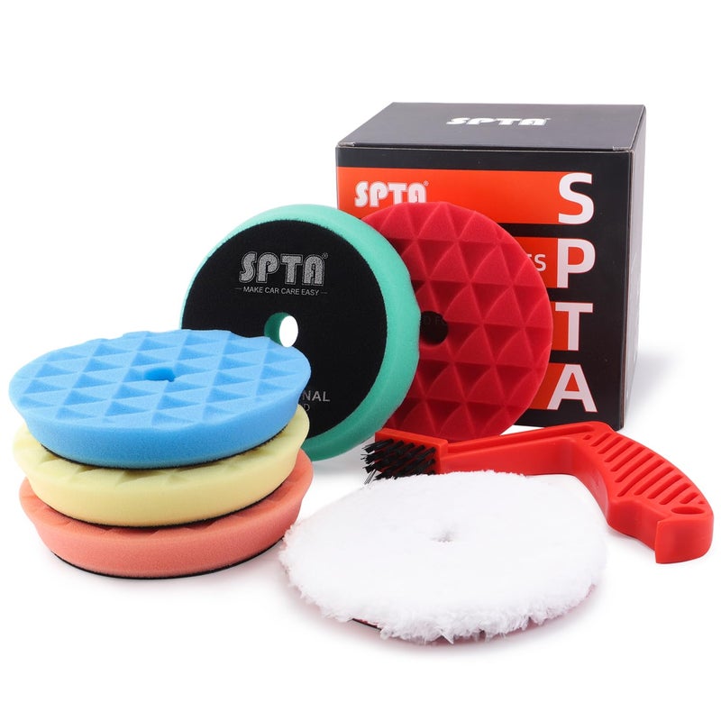SPTA Polishing Pads, 5Pc 6 Inch 150mm Orbital Buffer Polisher Pads and 1Pc Microfiber Buffing Pads, Foam Polish Pad for Compounding, Polishing and Waxing, for 6''/150mm Backing Plate Car Polisher -TPPMIX - Image 1
