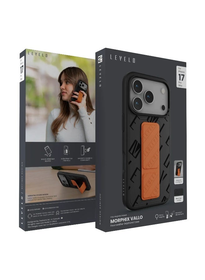 ليفيلو جراب ماج سيف لهاتف iPhone 17 Pro Max من جلد البولي يوريثان Morphix مع حزام أنيق لتثبيت متين / حامل مغناطيسي / مصد مقاوم للصدمات / غطاء خلفي أنيق من الجلد الصناعي - Onyx Flame - Image 3