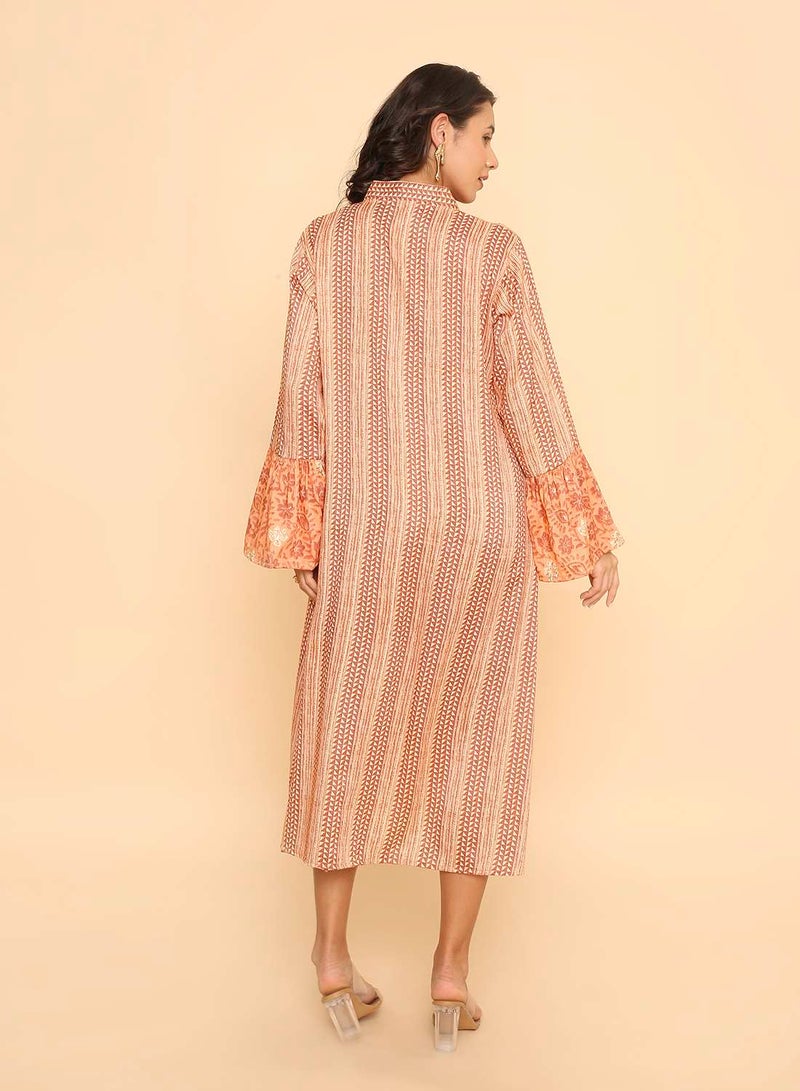 HANA & SARA Women's Light Orange Floral & Geometric Print Jalabiya Dress - Image 2