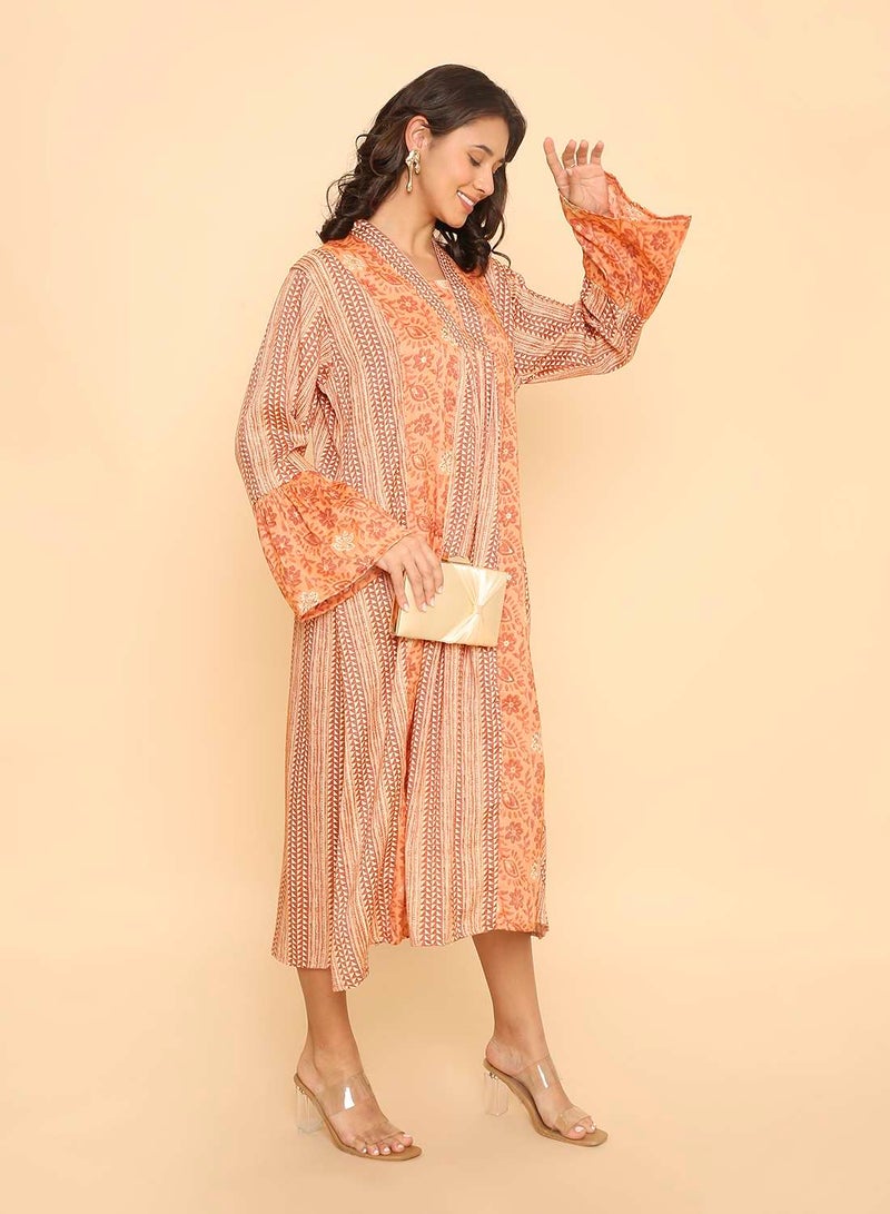HANA & SARA Women's Light Orange Floral & Geometric Print Jalabiya Dress - Image 4