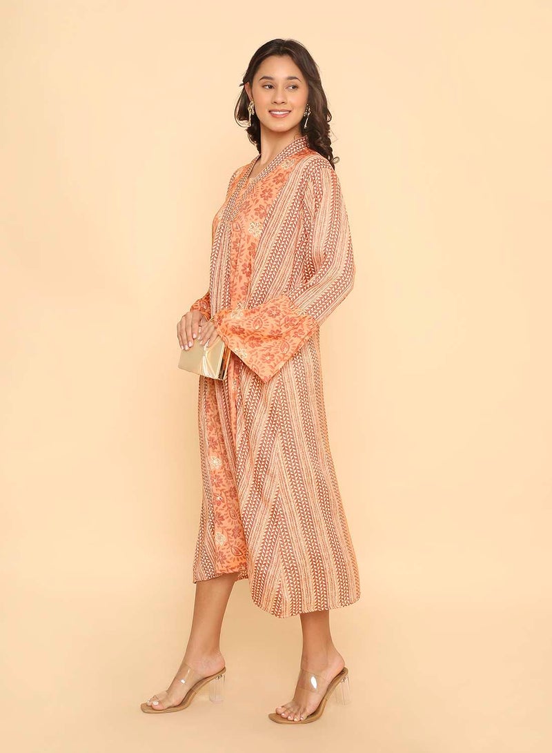 HANA & SARA Women's Light Orange Floral & Geometric Print Jalabiya Dress - Image 5