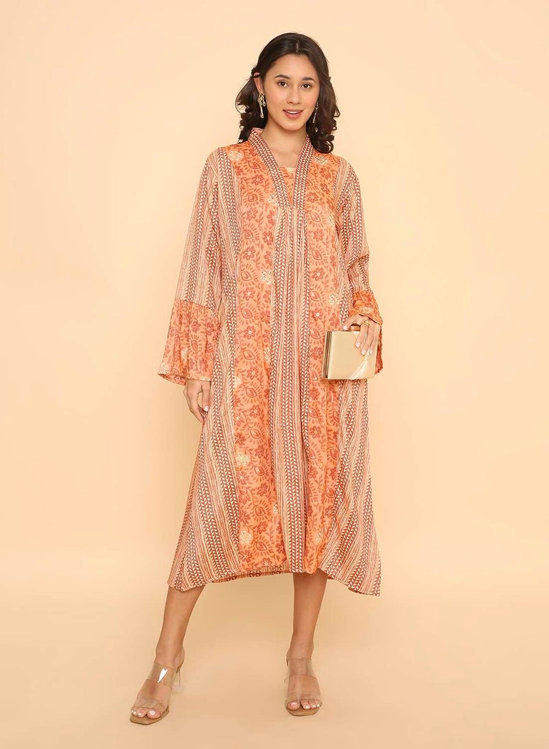 HANA & SARA Women's Light Orange Floral & Geometric Print Jalabiya Dress - Image 1
