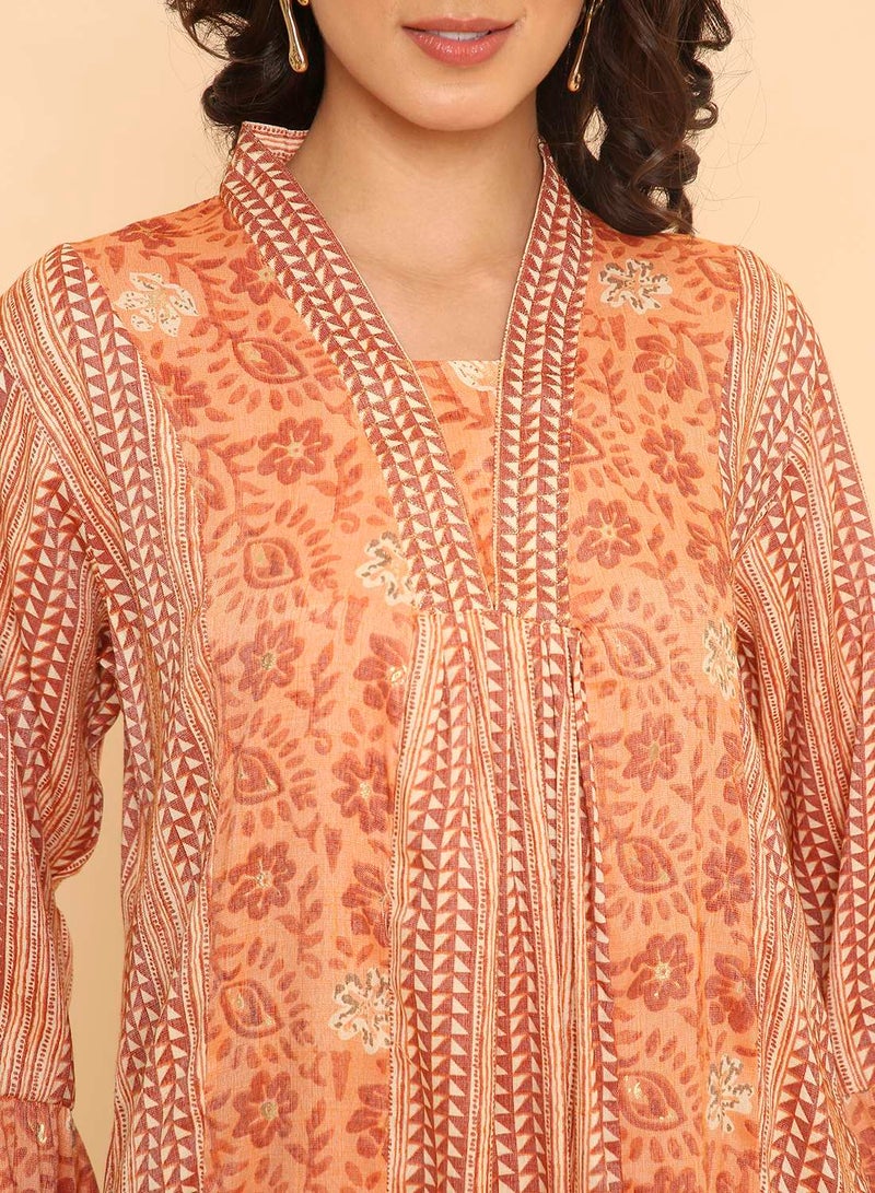 HANA & SARA Women's Light Orange Floral & Geometric Print Jalabiya Dress - Image 3