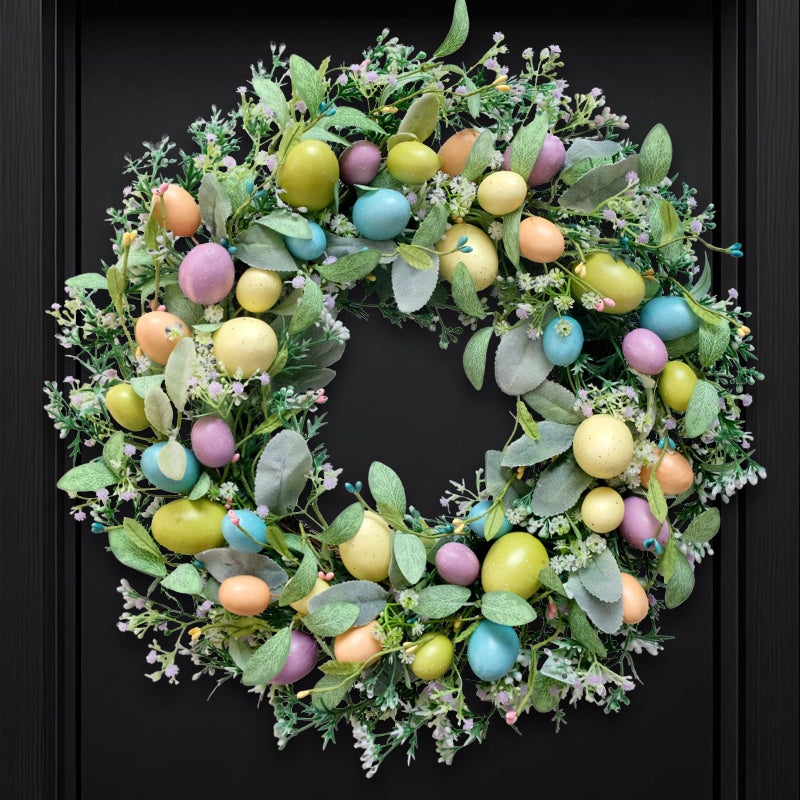 CIR OASES Easter Wreath, 20" Easter Colorful Eggs Door Wreath, Easter Wreaths with Green Leaves for Front Door Hanging Decorations for Home Party Farmhouse Spring Summer Indoor Outdoor Decor - Image 1