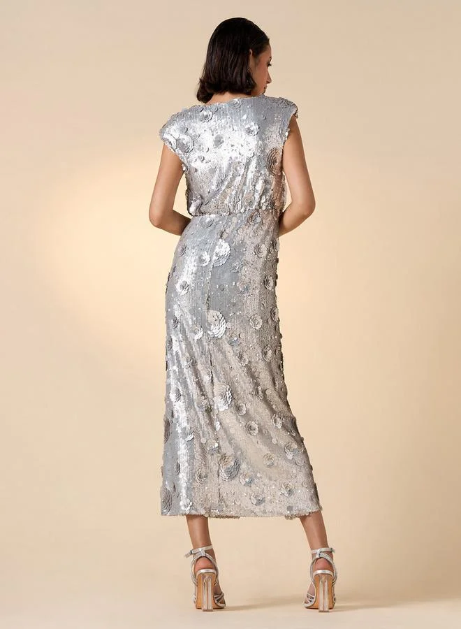 Iconic Iconic Sequin Embellished Sleeveless Dress with V-neck and Slit