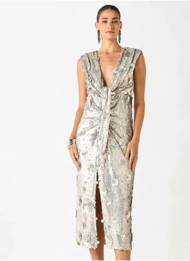 Iconic Iconic Sequin Embellished Sleeveless Dress with V-neck and Slit