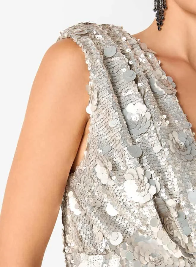 Iconic Iconic Sequin Embellished Sleeveless Dress with V-neck and Slit