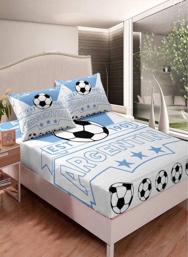 Feelyou Football Sport Bedding Sheets Queen Soccer Theme for Kids Boys Bed Sheet Set Argentina Teens Fitted Sheet Blue White Bed Cover 3Pcs,1 Fitted Sheet+2 Pillow Sham（No Flat Sheet） - Image 2