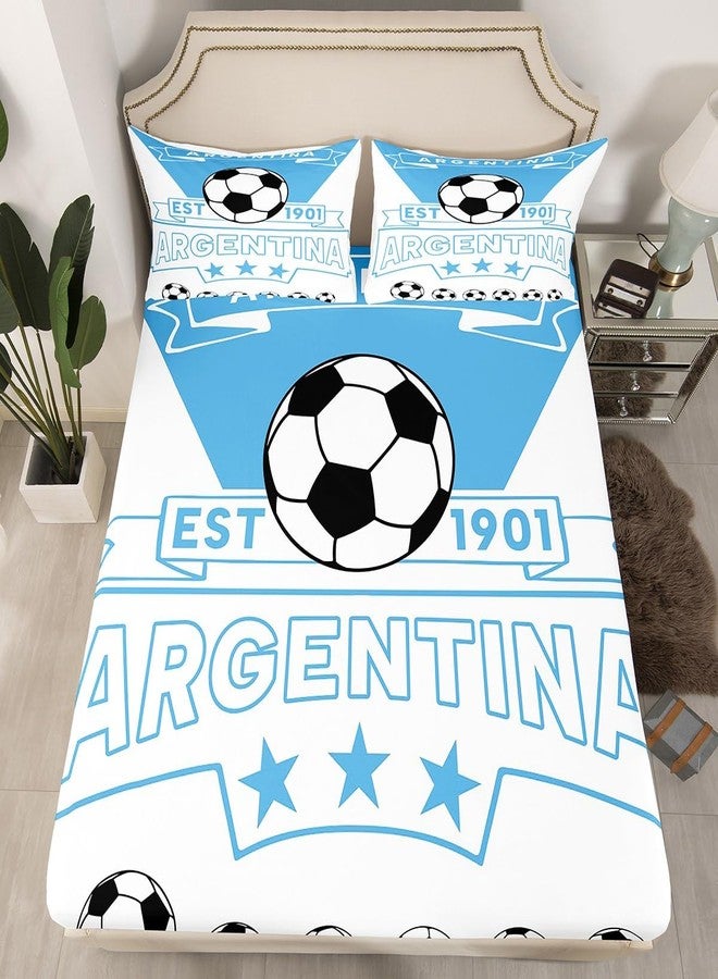 Feelyou Football Sport Bedding Sheets Queen Soccer Theme for Kids Boys Bed Sheet Set Argentina Teens Fitted Sheet Blue White Bed Cover 3Pcs,1 Fitted Sheet+2 Pillow Sham（No Flat Sheet） - Image 1