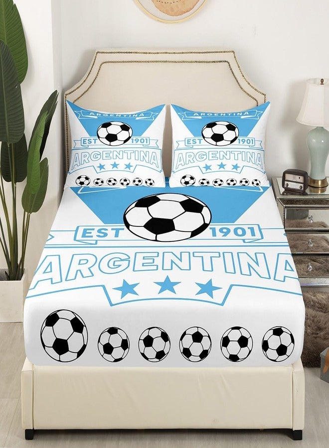 Feelyou Football Sport Bedding Sheets Queen Soccer Theme for Kids Boys Bed Sheet Set Argentina Teens Fitted Sheet Blue White Bed Cover 3Pcs,1 Fitted Sheet+2 Pillow Sham（No Flat Sheet） - Image 3