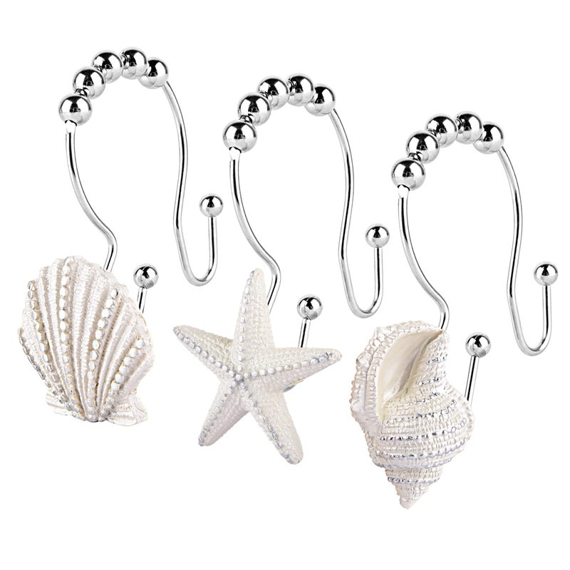 Decorative Shower Curtain HooksFINROS 12 Pcs Seashell Double Glide Shower Curtain Hooks for Bathroom and Living Room White Seashell