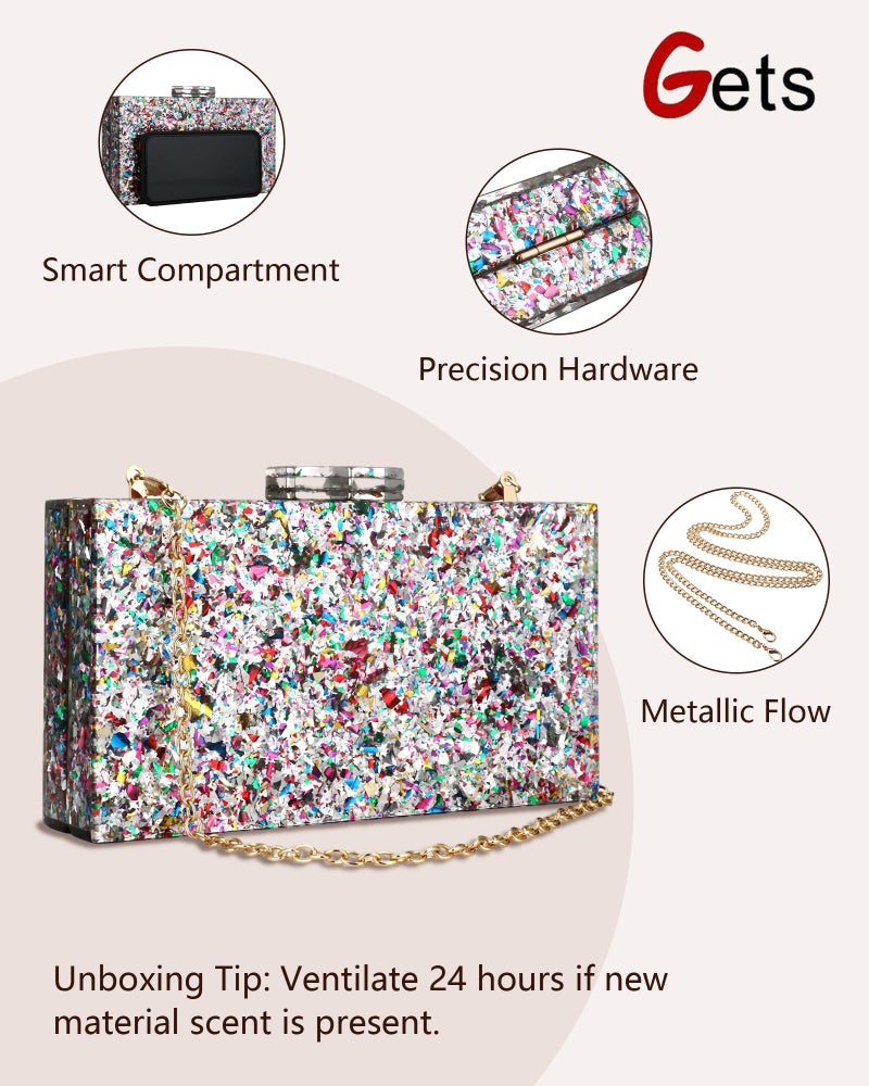 Gets Acrylic Purses and Handbags for Women Multicolor Perspex Box Clutch Purses for Women Wedding Evening Crossbody Handbag (Mixed Silver) - Image 4