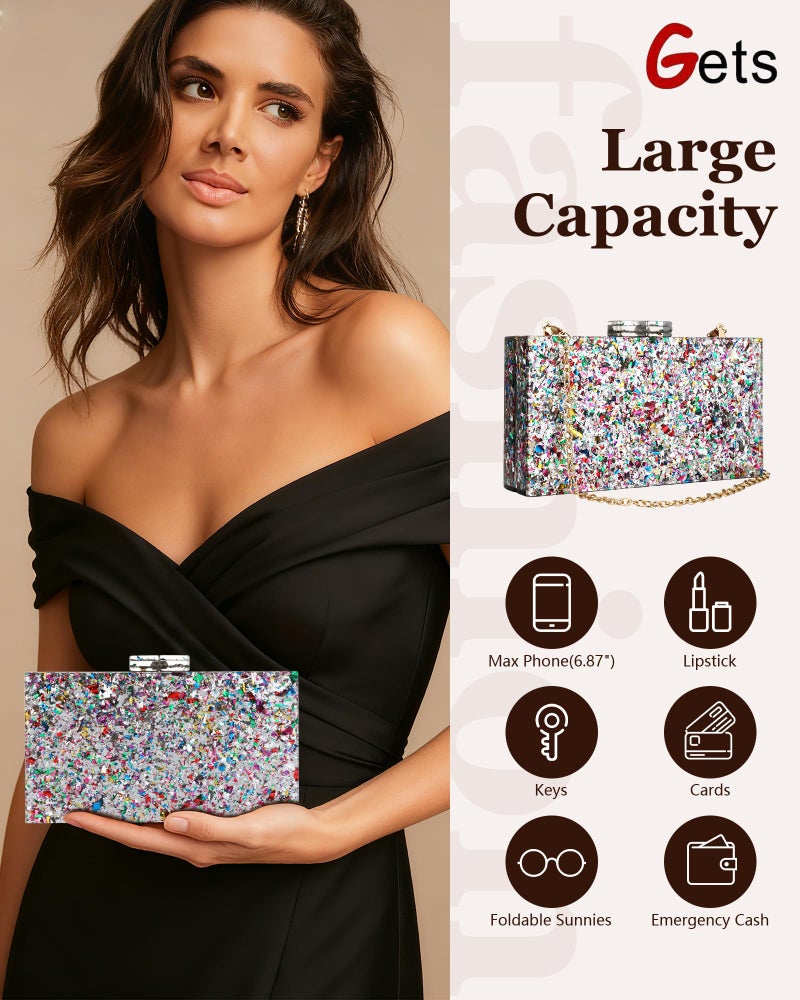 Gets Acrylic Purses and Handbags for Women Multicolor Perspex Box Clutch Purses for Women Wedding Evening Crossbody Handbag (Mixed Silver) - Image 3