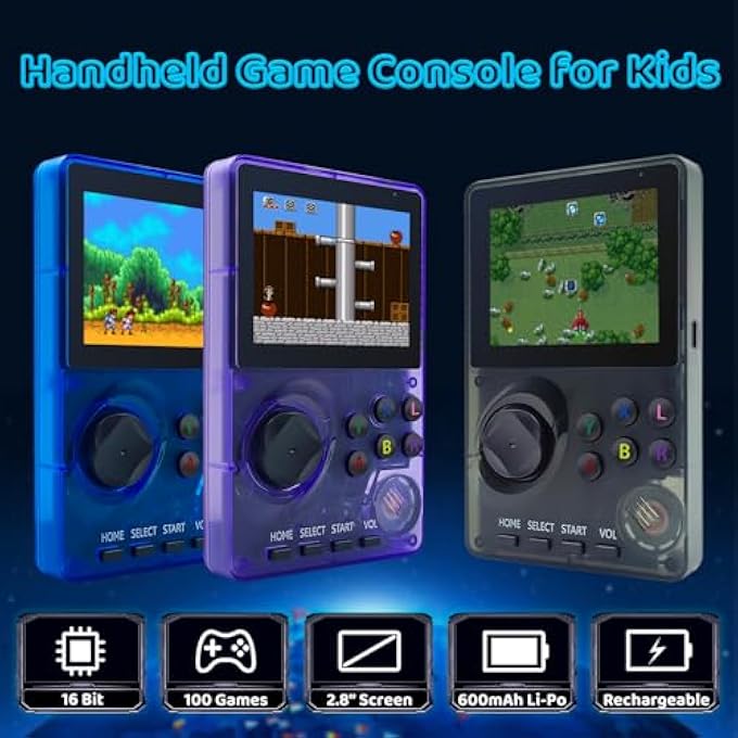 RETRO HANDHELD GAME CONSOLE PRE-LOADED 100 16-BIT GAMES, TRAVEL-FRIENDLY VIDEO GAMING CONSOLE WITH 2.8" COLOR SCREEN, RECHARGEABLE BATTERY, HAND HELD GAME CONSOLE FOR BOY GIRL (BLUE) - Image 2