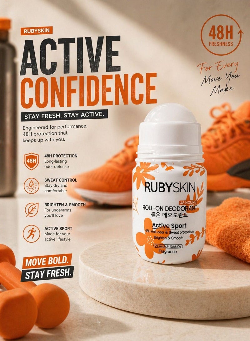 Rubyskin Roll On Deodorant Active Sport 48 H Anti-odor & Sweat Protection With Niacinamide 50 ml - Image 2