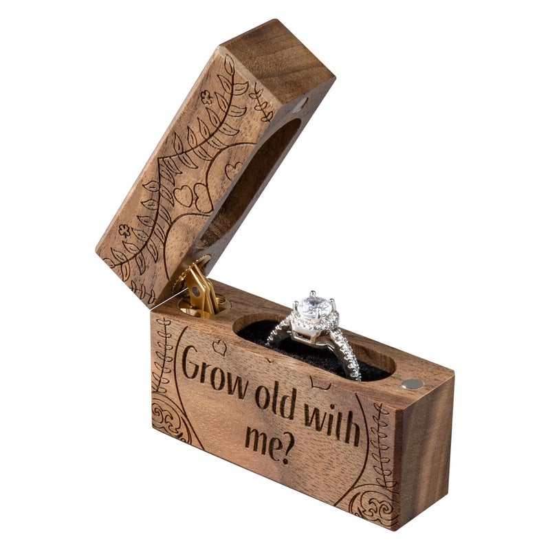 Wislist Wooden Engagement Ring Box Small Slim Flat Ring Case for Proposal,Wedding (Grow old with me) - Image 1